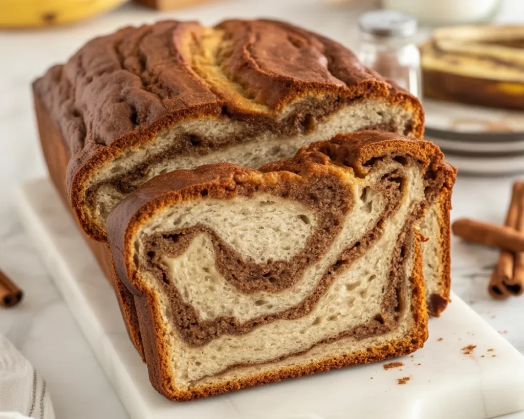Slice of moist Cinnamon Swirl Banana Bread with cinnamon sugar ribbon and crust
