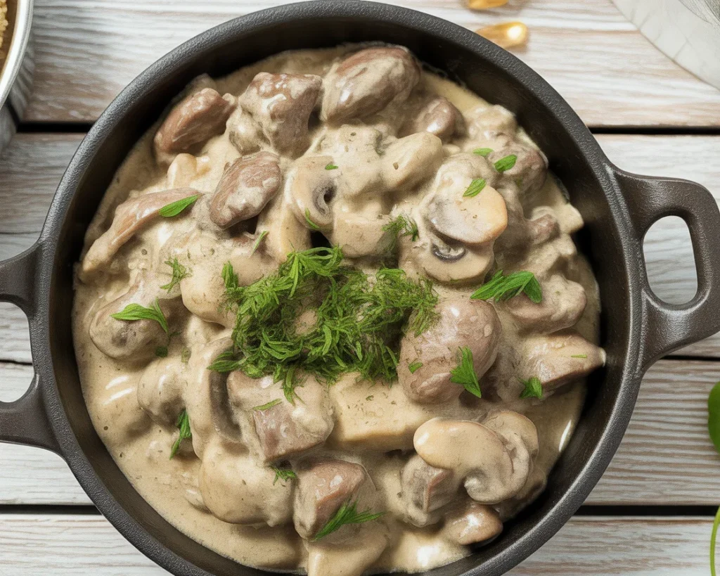 Gordon Ramsay Beef Stroganoff featuring tender beef in a creamy mushroom sauce served over egg noodles.