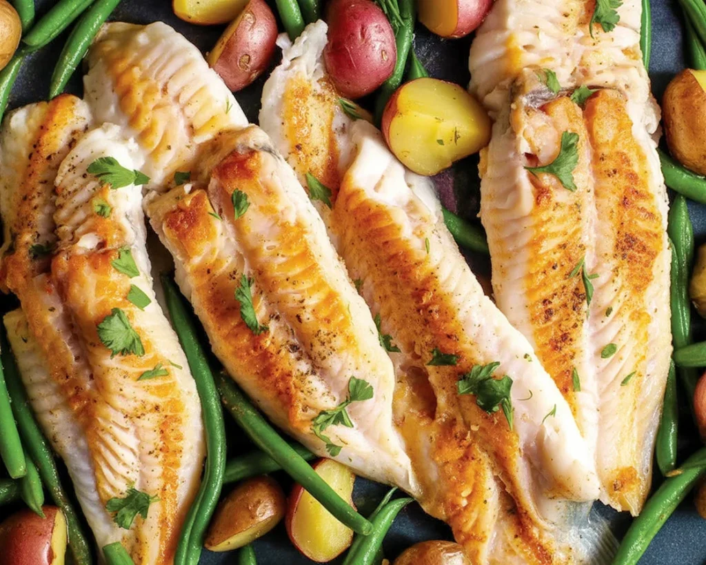 Lemon Garlic Tilapia served with sautéed green beans on a plate.