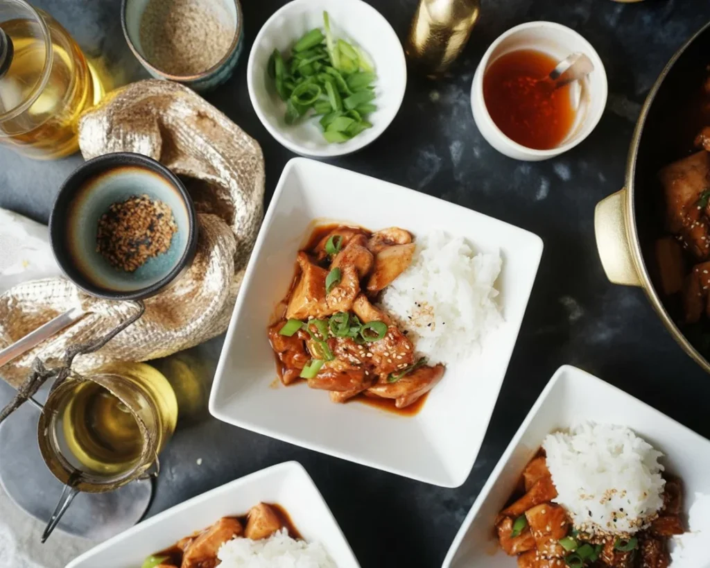 Plate of homemade Bourbon Chicken with rice and green onions, showcasing sweet and tangy flavors.