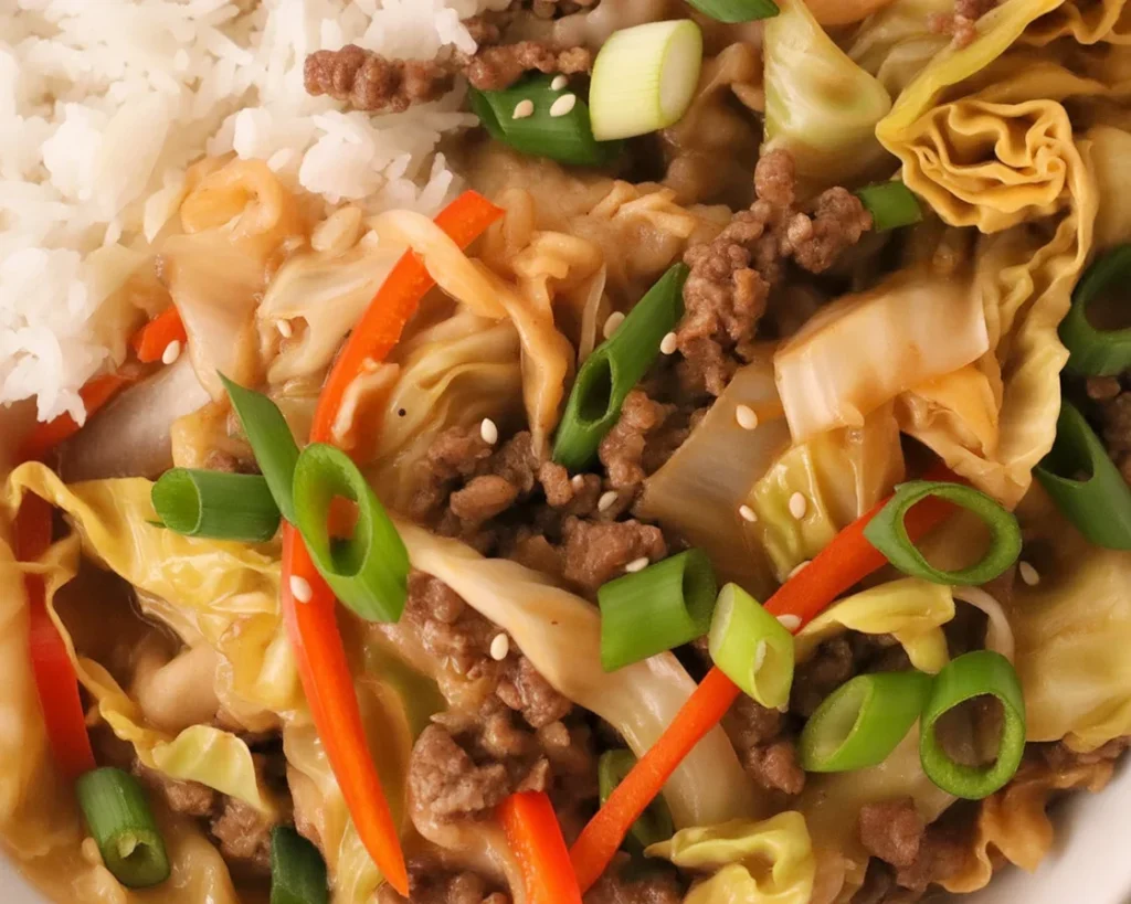Chinese Ground Beef Cabbage Stir-Fry with vegetables cooked in a wok.