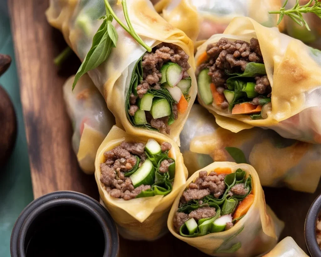 Colorful and delicious Thai Basil Beef Rolls with spicy peanut sauce.