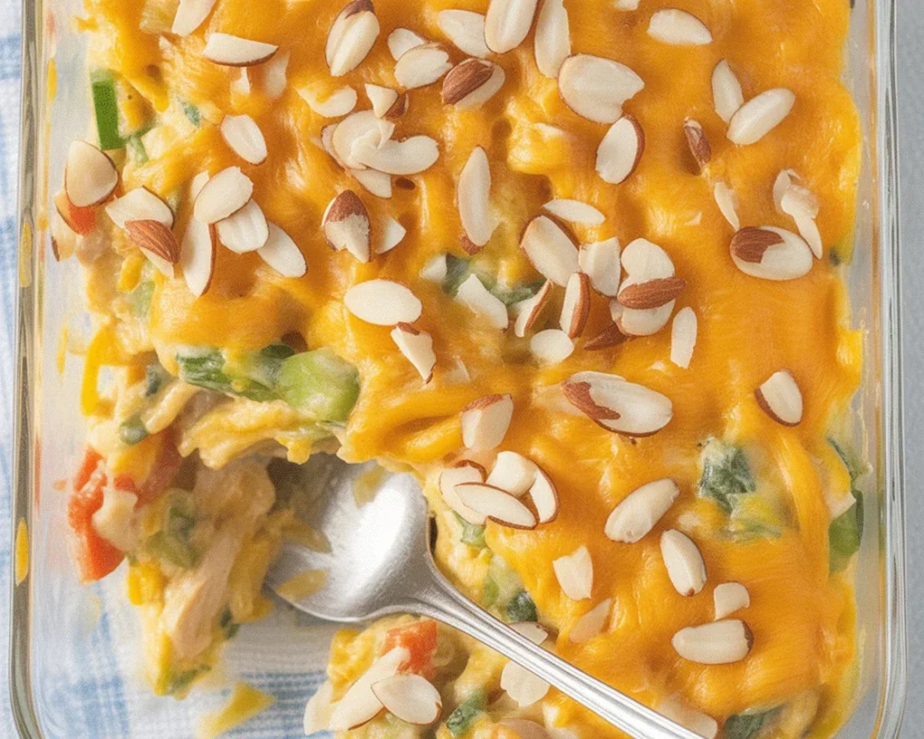 Delicious Easy Hot Chicken Salad topped with a crunchy cornflake crust.