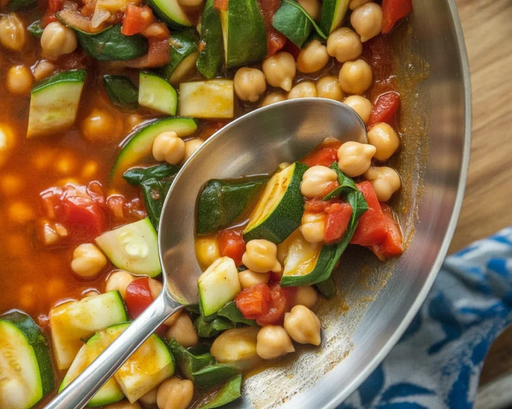 Delicious Zucchini Chickpea Skillet garnished and ready to serve for dinner.