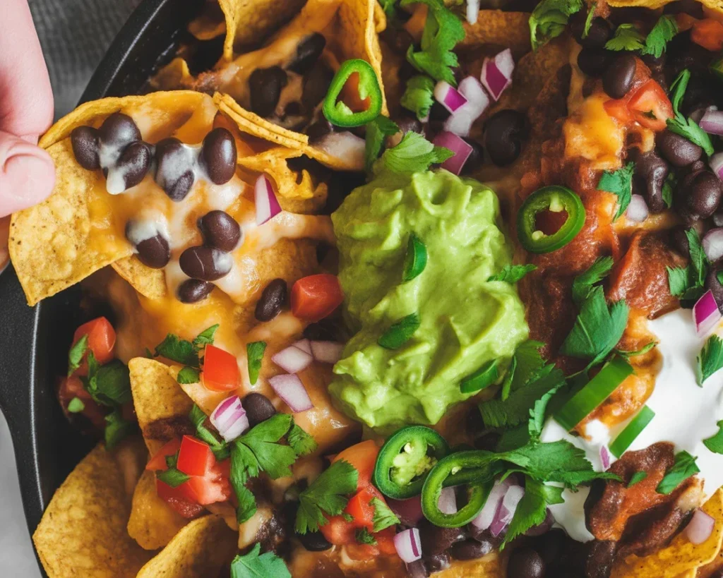 Delicious Shrimp Nachos topped with melted cheese, shrimp, and fresh ingredients.