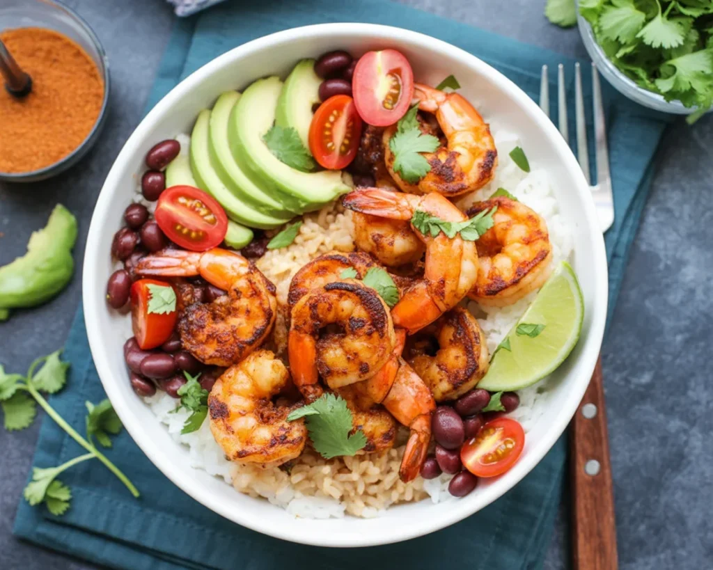Delicious Blackened Shrimp Bowl with coconut rice and fresh vegetables.
