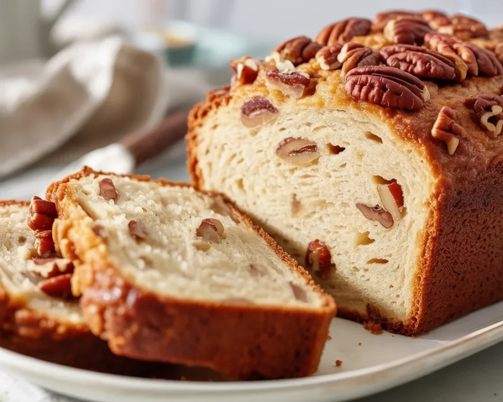 Freshly baked Honey Butter Alabama Pecan Bread with chopped pecans and golden honey glaze.