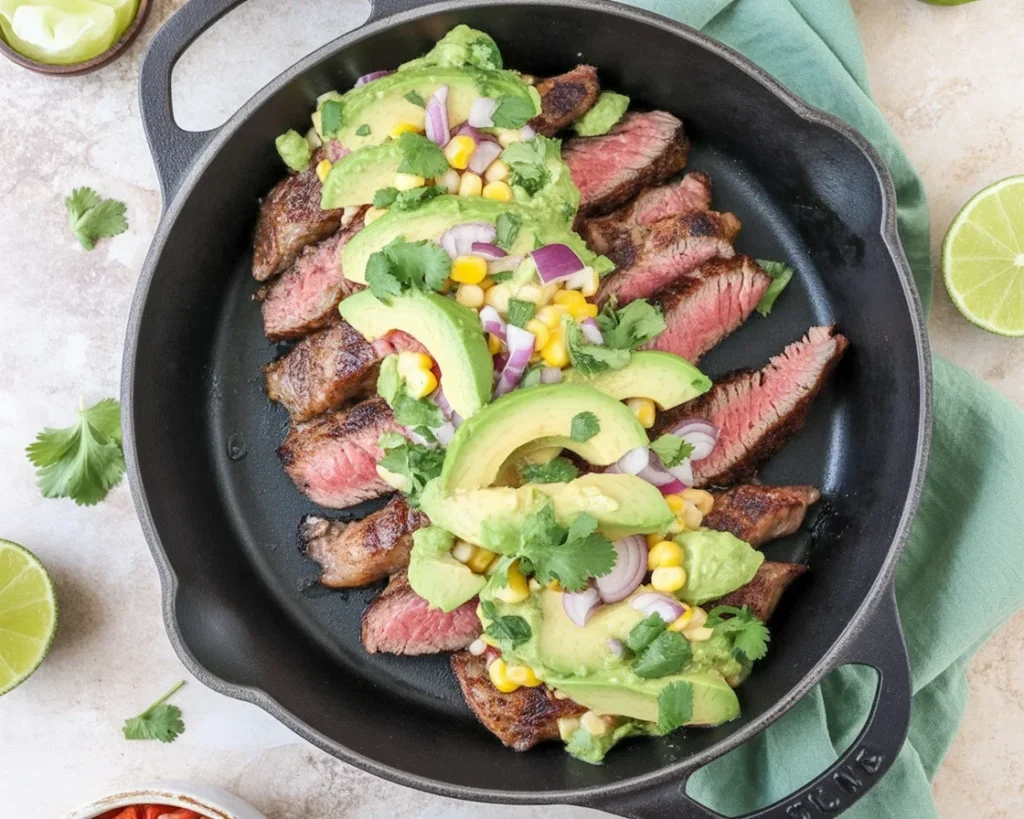 Delicious Steak Avocado Corn Bowl with cilantro cream sauce and fresh ingredients.