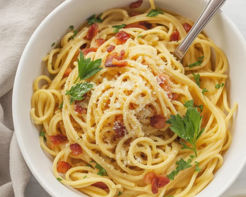 Bacon Carbonara Pasta with creamy sauce and crispy bacon served on a plate.