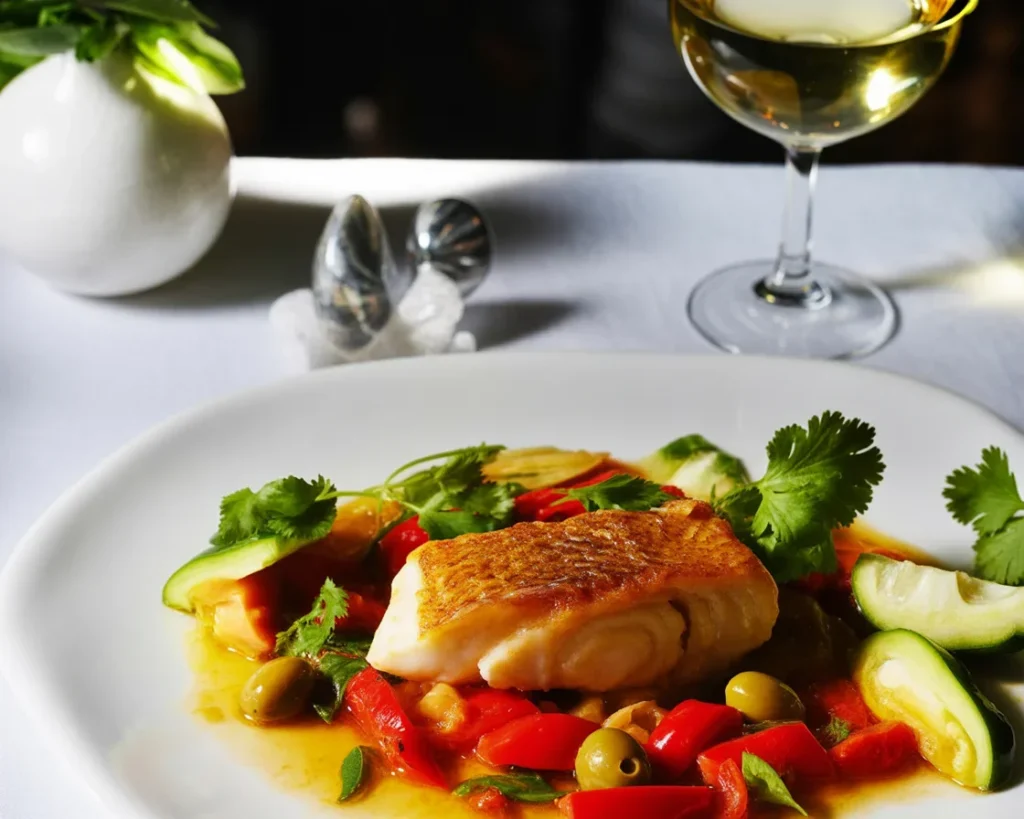 Chilean Sea Bass served with a flavorful pan sauce featuring olive oil and lime.