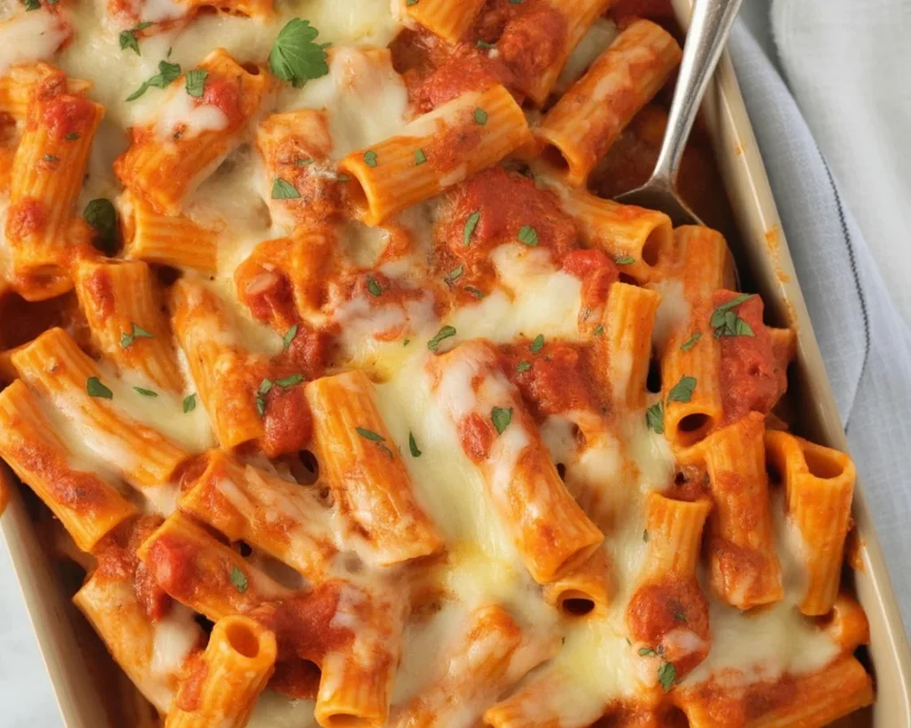 Delicious Chicken Parmesan Casserole with pasta, chicken, and a crispy topping.