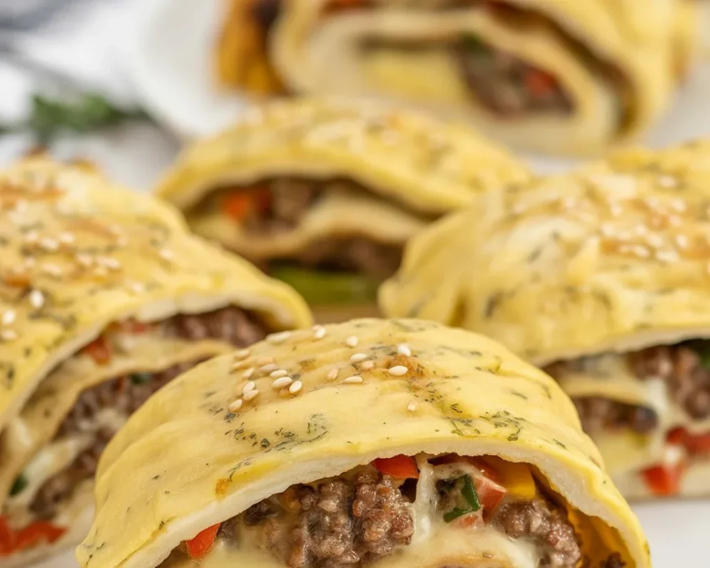 Garlic Butter Beef Cheeseburger Rollups on a baking sheet, golden brown and cheesy