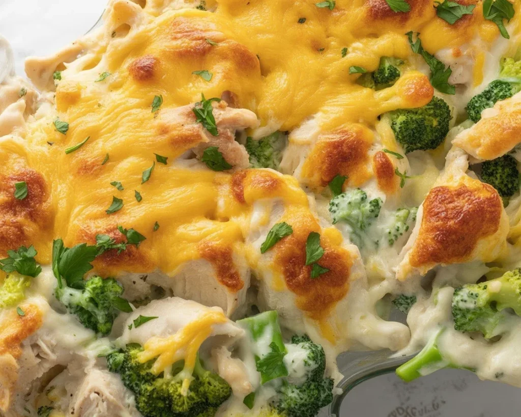 Keto Chicken Alfredo Casserole with creamy sauce, chicken, and cauliflower for a low-carb meal.