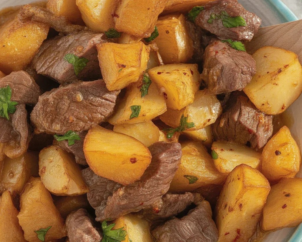 Juicy garlic butter Potato Steak bites skillet meal with golden potatoes.