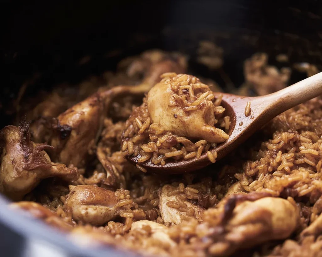Delicious bowl of Rotisserie Chicken Jambalaya served with parsley garnishment.