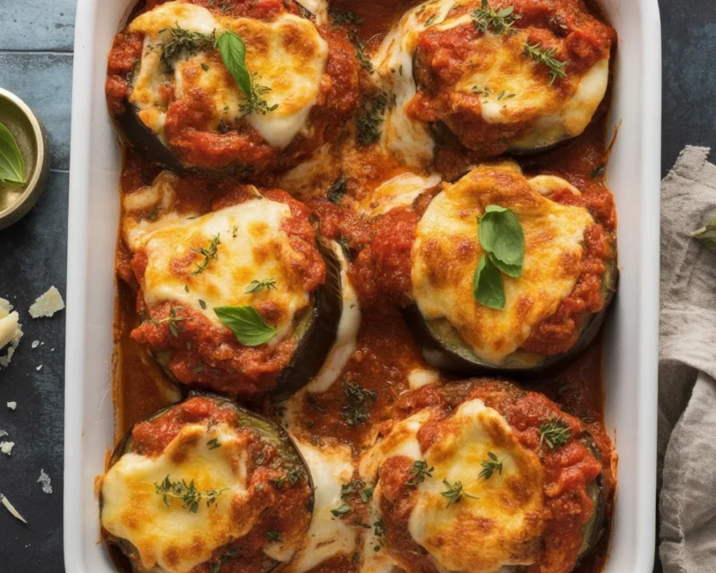Classic Eggplant Parmesan with layers of crispy eggplant, marinara sauce, and melted cheese.