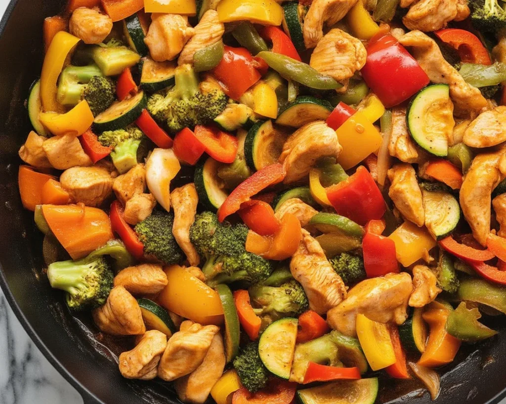 Delicious Chicken Vegetables Skillet with vibrant vegetables in one pan.