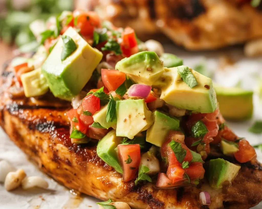Deliciously grilled Fiesta Lime Chicken topped with creamy salsa and lime.