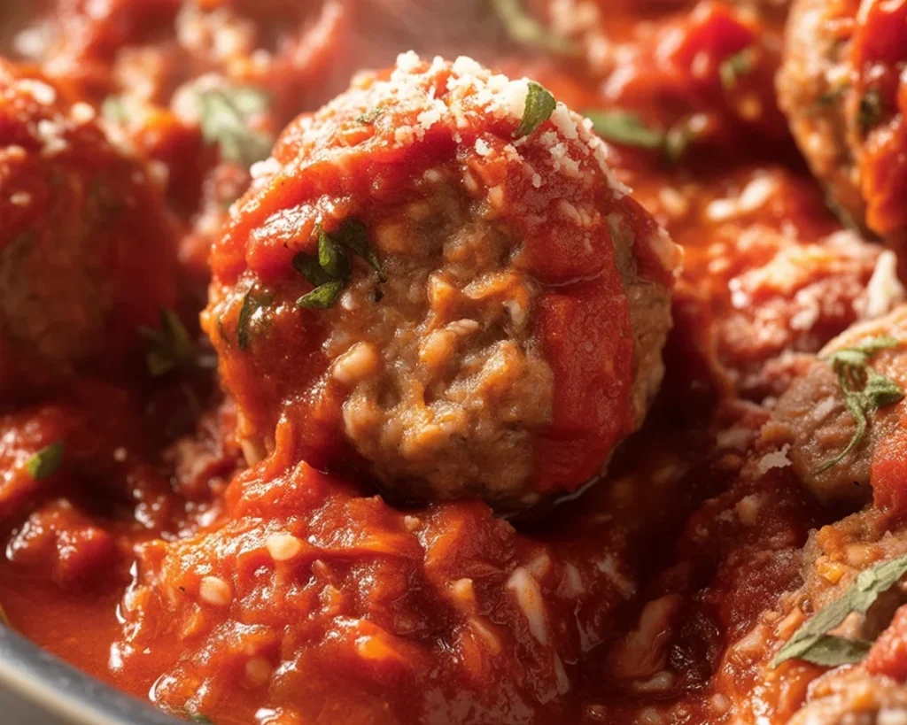 Juicy baked meatballs served in homemade marinara sauce with parmesan cheese.