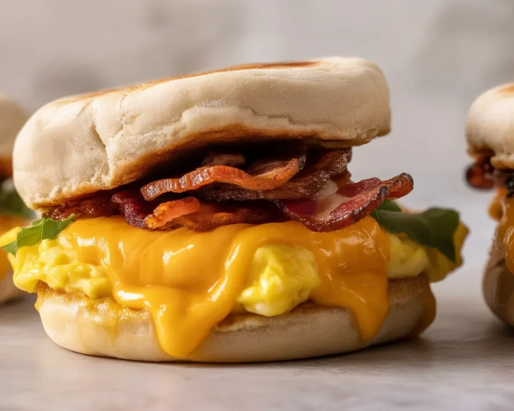 Delicious breakfast sandwich with eggs, meat, and cheese for a perfect morning meal.