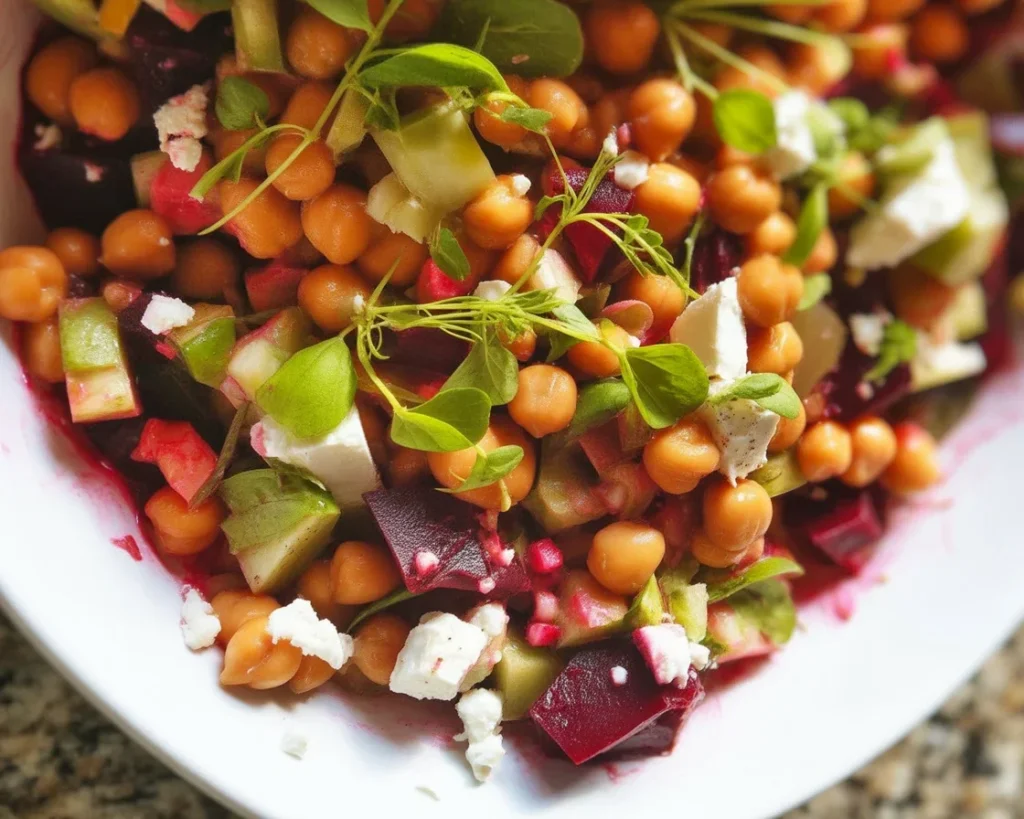 Chickpea Beet Feta Salad with lemon-garlic vinaigrette in a colorful bowl.