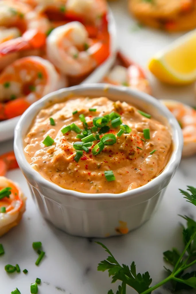 A bowl of creamy Southern seafood dipping sauce garnished with parsley and green onions, served with fried shrimp.
