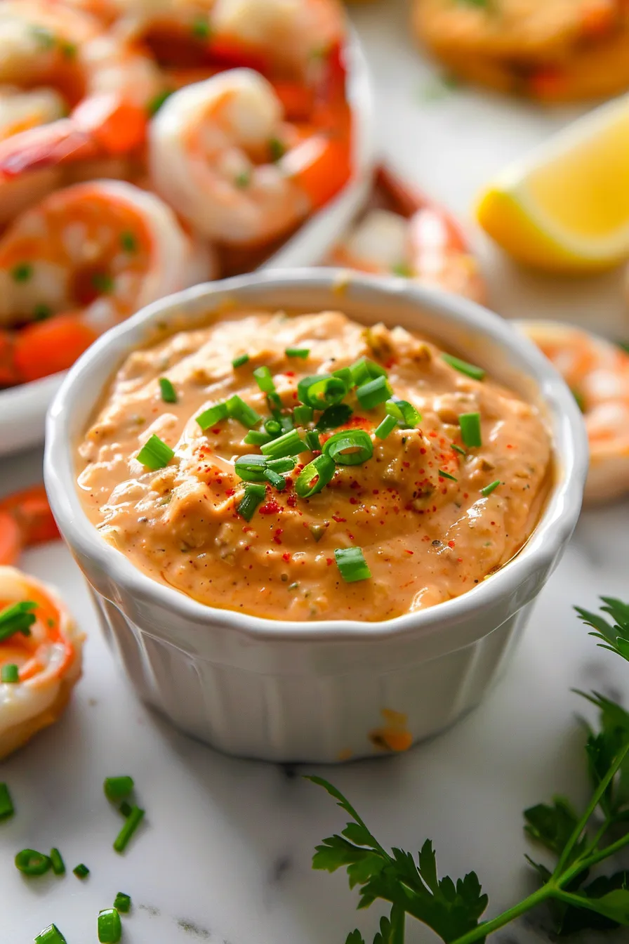A bowl of creamy Southern seafood dipping sauce garnished with parsley and green onions, served with fried shrimp.