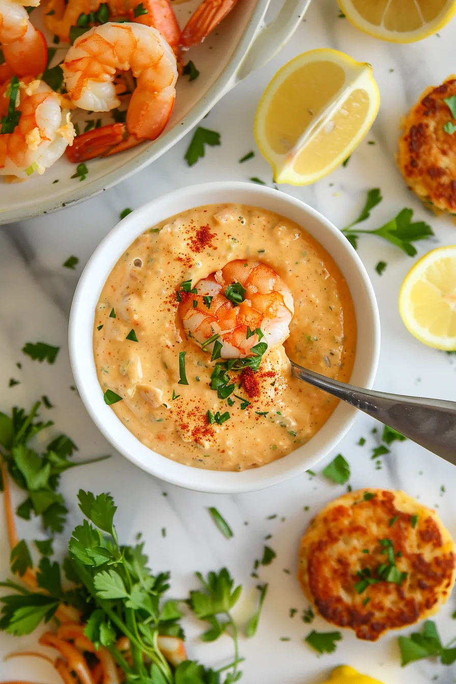 A bowl of creamy Southern seafood dipping sauce garnished with parsley and green onions, served with fried shrimp.