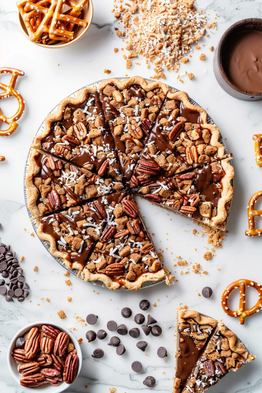 A close-up cross-section of a Texas Trash Pie slice showing melted chocolate chips, crunchy pretzels, and a gooey caramel center in a deep-dish crust