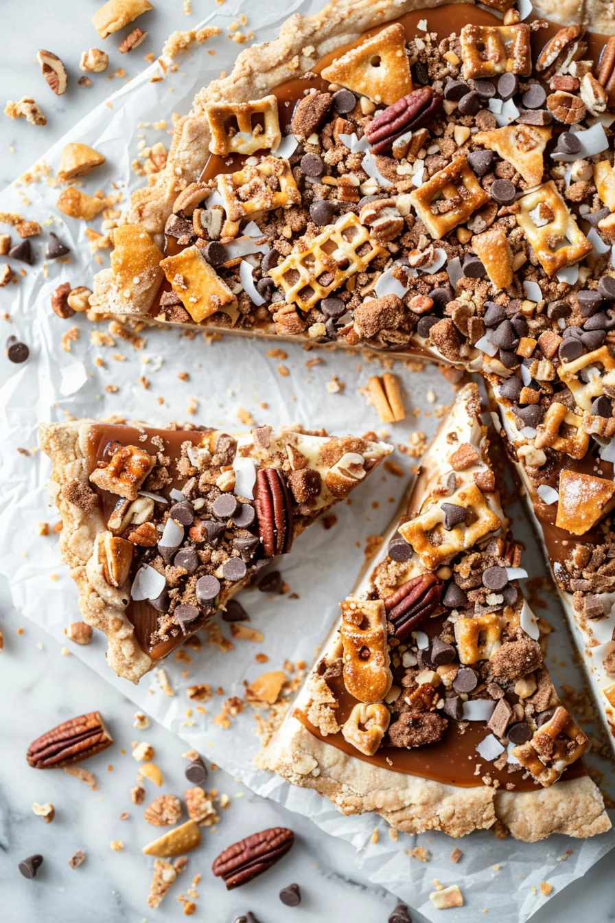 A close-up cross-section of a Texas Trash Pie slice showing melted chocolate chips, crunchy pretzels, and a gooey caramel center in a deep-dish crust